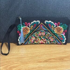 Pink and Black Floral Embroidered Wristlet Clutch